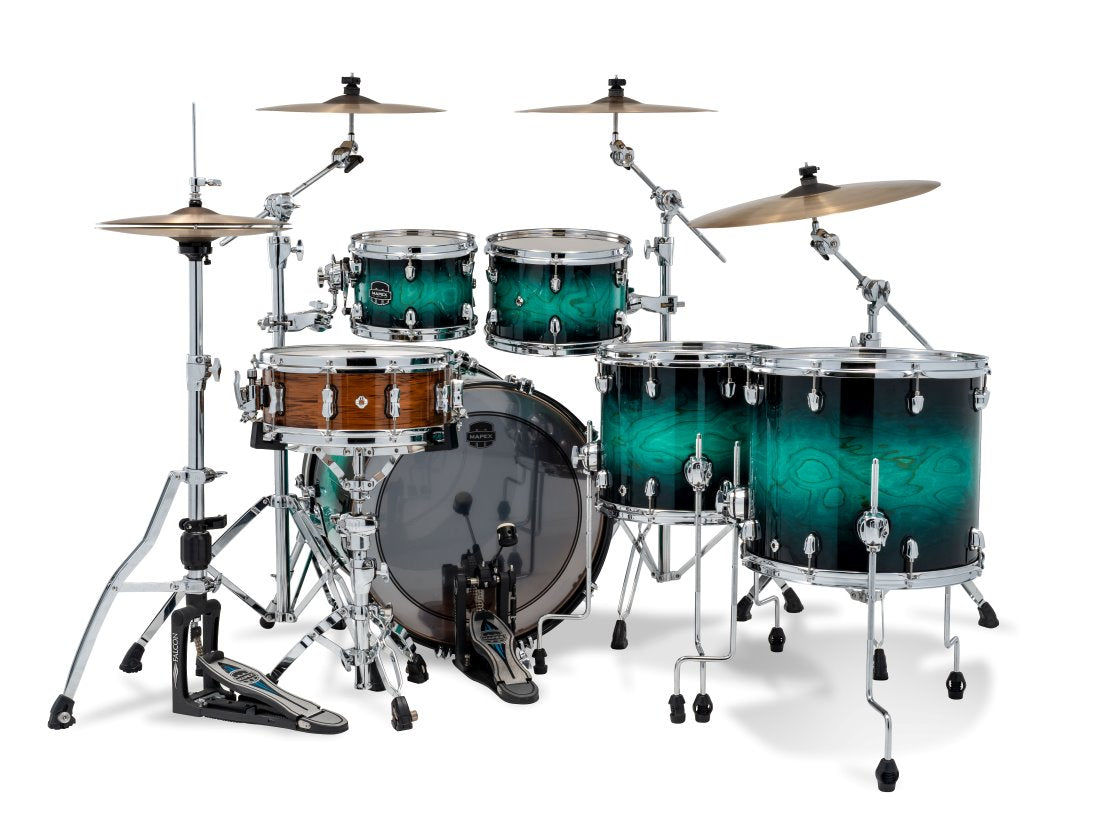 Mapex Marine Teal Burst drum kit with 22-inch bass, 10, 12, 14, and 16-inch shells, showing the colorful, polished drums.