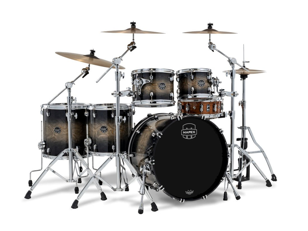 Mapex Saturn VI Black Ink Burst 5-piece drum kit with 22, 10, 12, 14, 16-inch shells, including bass, toms, and snare drums.