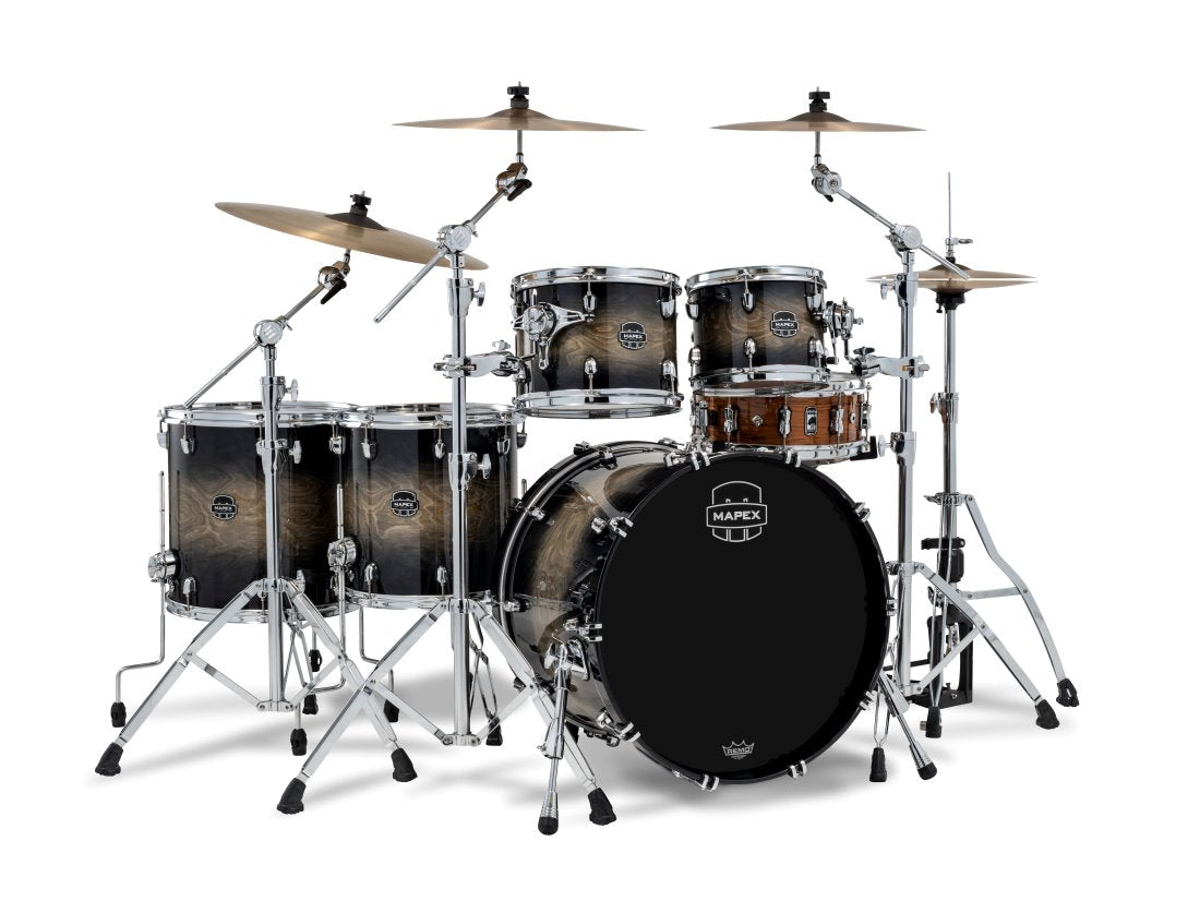 Mapex Saturn VI Black Ink Burst 5-piece drum kit with 22, 10, 12, 14, 16-inch shells, including bass, toms, and snare drums.