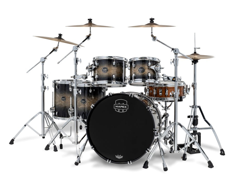 Mapex Saturn VI black ink burst 5-piece drum kit with 22, 10, 12, 14, and 16-inch shells, mounted on stands with drumsticks.