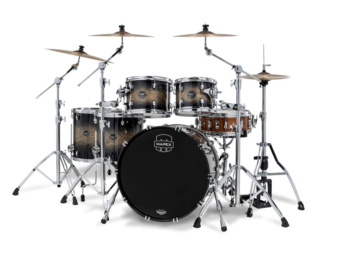 Mapex Saturn VI black ink burst 5-piece drum kit with 22, 10, 12, 14, and 16-inch shells, mounted on stands with drumsticks.