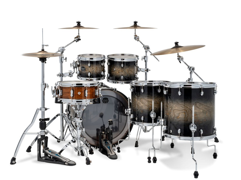 Mapex Saturn VI Black Ink Burst 5-piece drum kit with 22, 10, 12, 14, and 16-inch shells, featuring a sleek black ink burst finish.