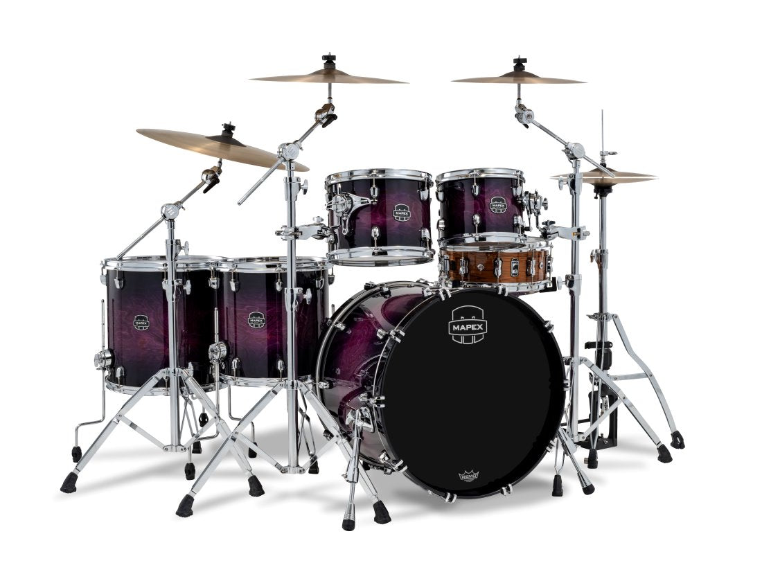 Mapex Saturn VI Royal Purple Burst 5-piece drum shell pack with 22", 10", 12", 14", and 16" drums, front view showing vibrant finish.