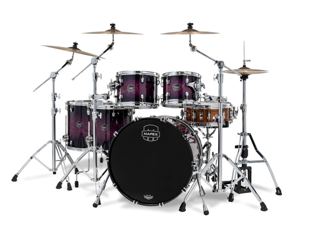 Mapex Saturn VI Royal Purple Burst 5-piece drum kit with 22, 10, 12, 14, and 16-inch shells, featuring drum heads and hardware.
