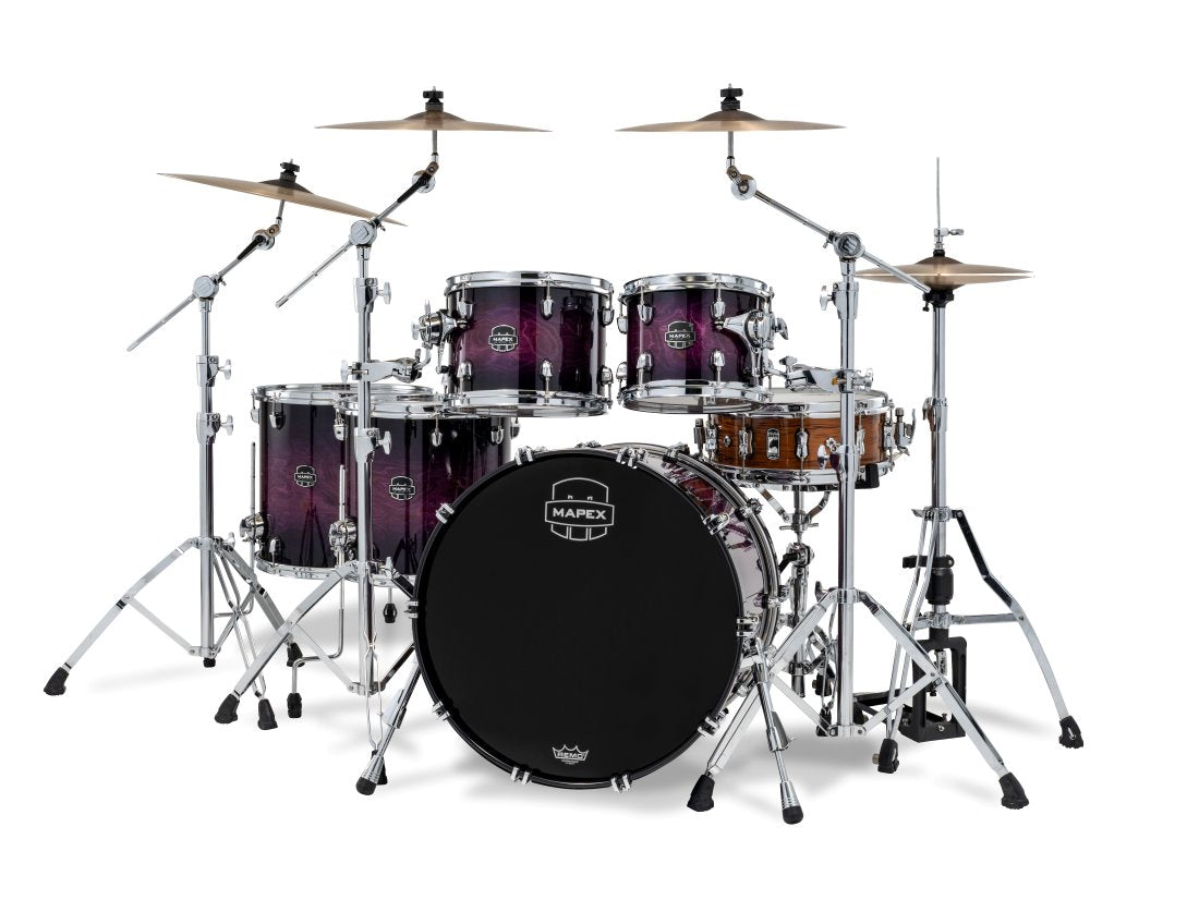 Mapex Saturn VI Royal Purple Burst 5-piece drum kit with 22, 10, 12, 14, and 16-inch shells, featuring drum heads and hardware.