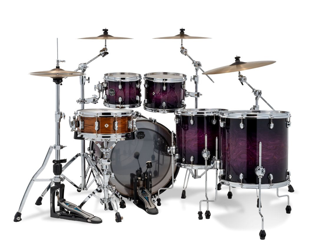 Mapex Saturn VI Royal Purple Burst 5-piece drum kit with 22, 10, 12, 14, 16-inch shells, shown from front view.