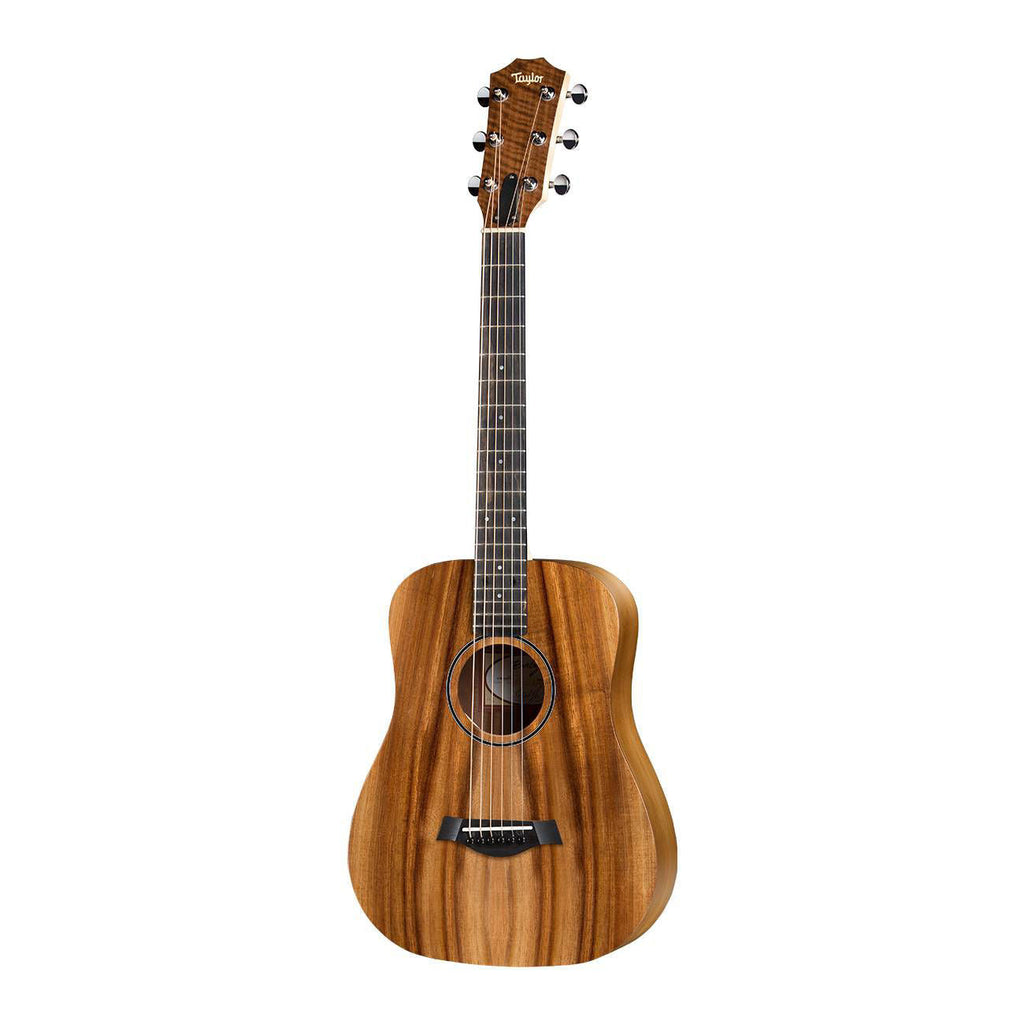 Taylor BTE Baby Taylor acoustic guitar with pickup in Koa wood, showcasing its compact body and natural wood finish.