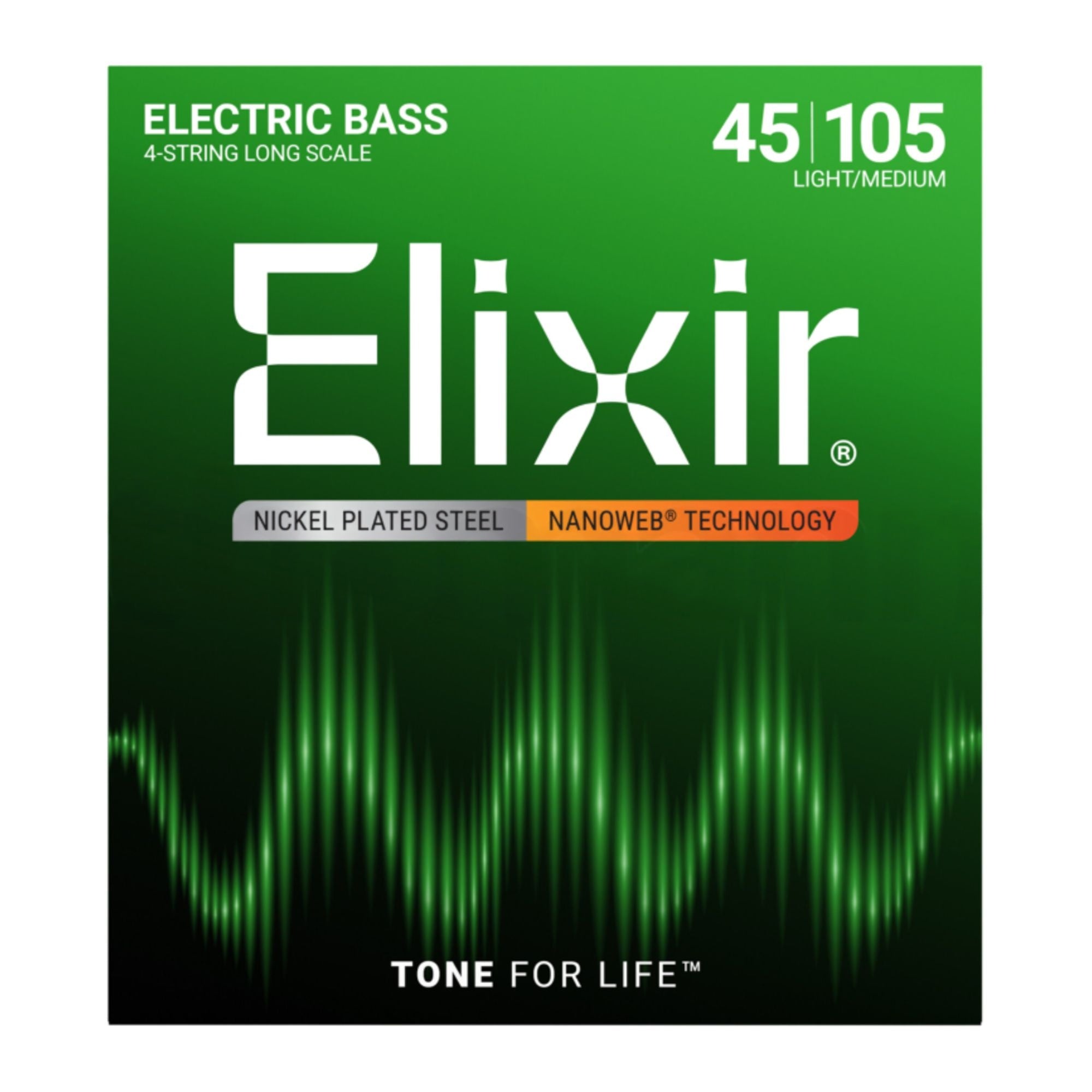 Elixir 14677 stainless steel bass guitar strings with NANOWEB coating, showing the packaged strings and branding.
