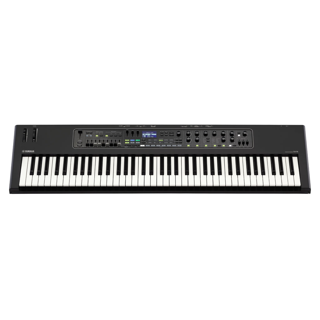 Yamaha CK76 stage piano with black keyboard and control panel, front view of Yamaha stage and performance keyboard.