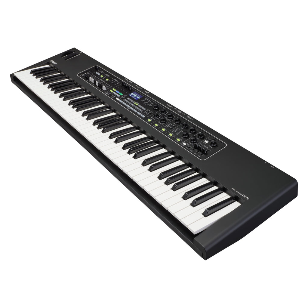 Yamaha CK76 stage piano with black keys and control panel, shown from an opposite angle, designed for live performance and stage use.