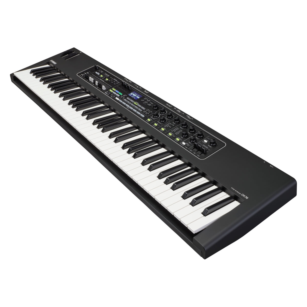 Yamaha CK76 stage piano with black keys and control panel, shown from an opposite angle, designed for live performance and stage use.