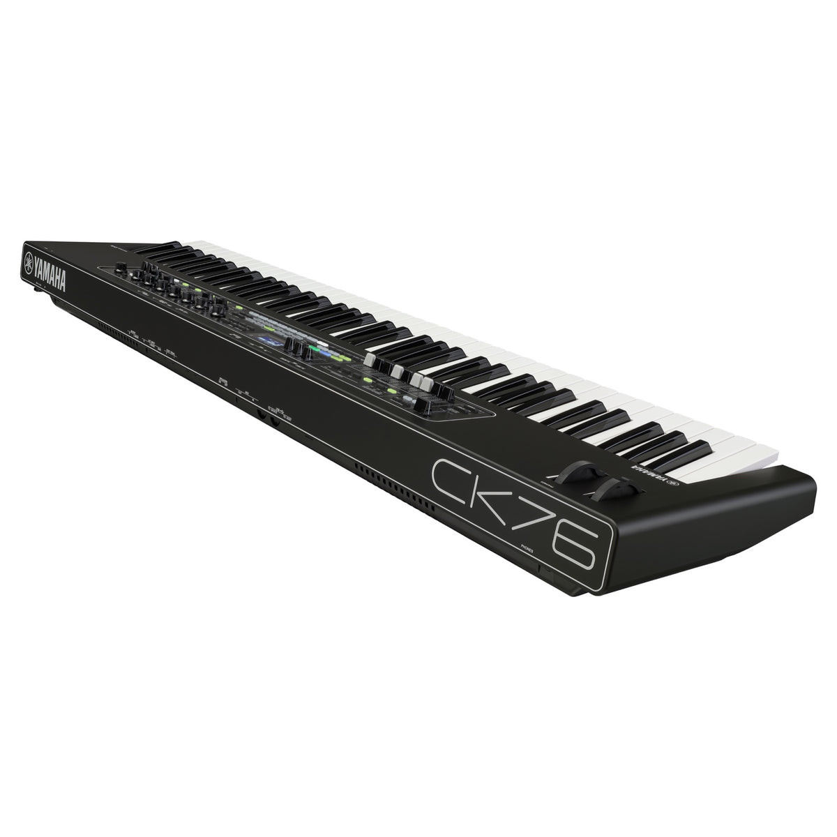 Yamaha CK76 stage piano viewed from rear angle, showing control panel and connection ports on a black keyboard for live performance.