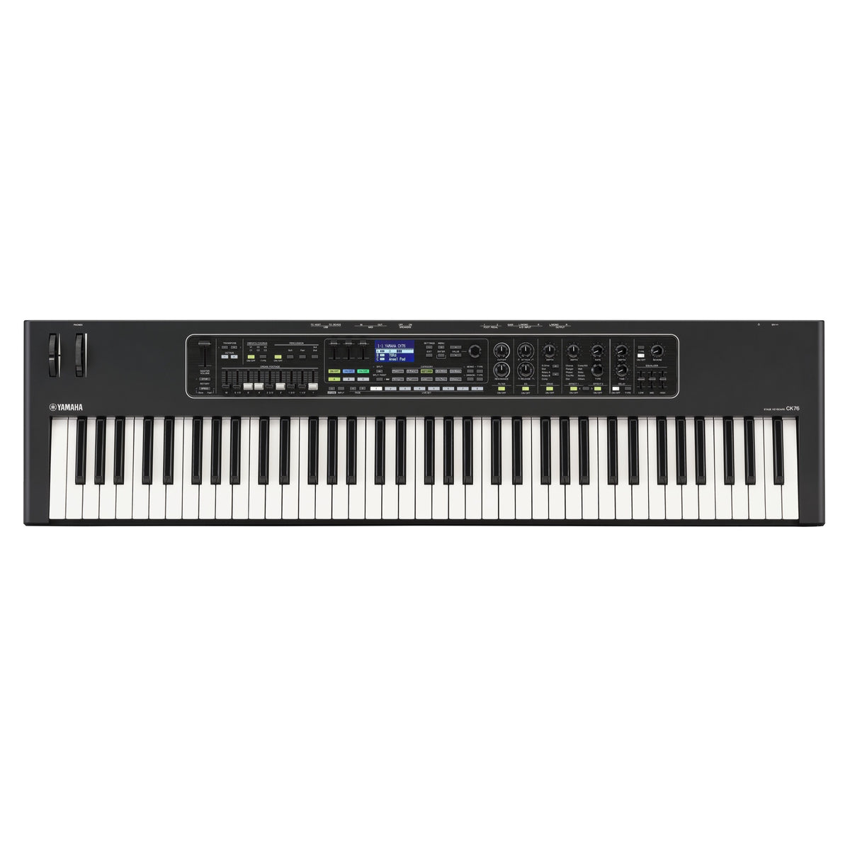 Top view of Yamaha CK76 stage and performance keyboard with black and white keys and control panel, ideal for live performances.