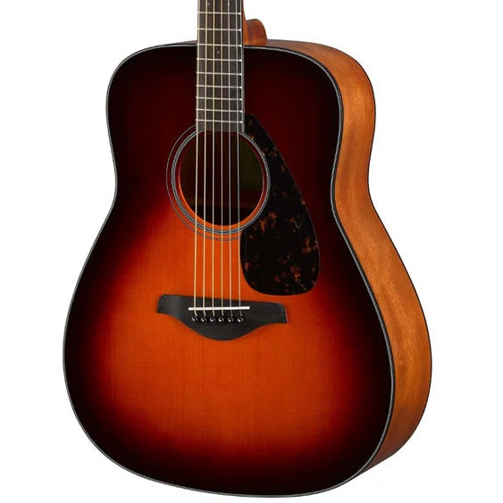Yamaha FG800 dreadnought acoustic guitar with solid spruce top in brown sunburst finish, showing the body and neck details.