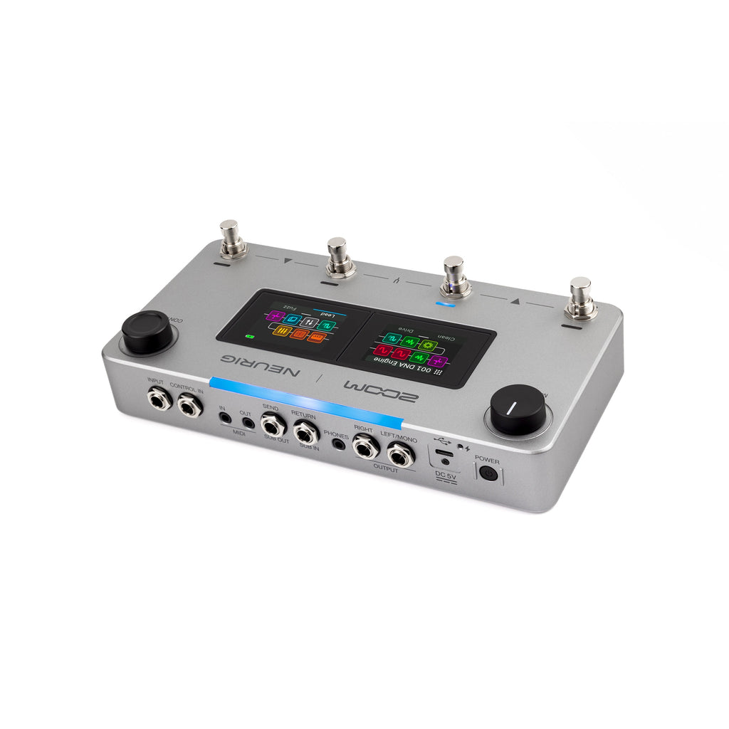 ZOOM NEURIG Amp & Multi-Effects Modeler pedal, front view with controls and footswitches