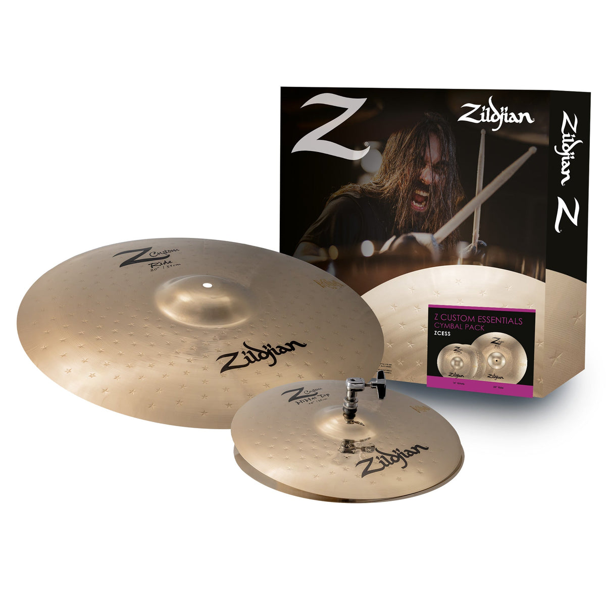 Zildjian Z Custom Essentials cymbal pack featuring hi-hats, crash, and ride cymbals arranged on a drum kit.